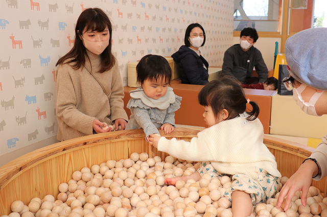 新遊具の木球プールで遊ぶ子どもたち